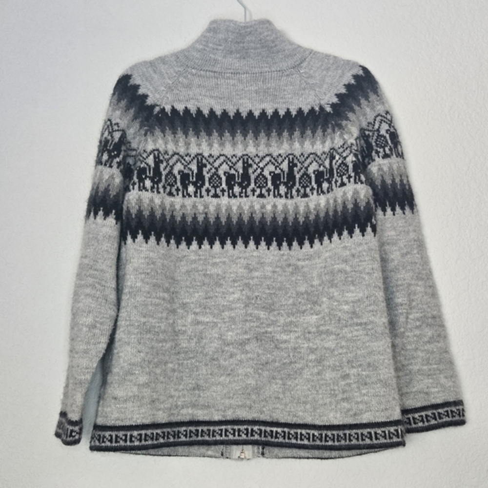 Alpaca Connection S Gray Full Zip‎ Knit Mockneck Sweater Alpaca Print - Picture 4 of 8